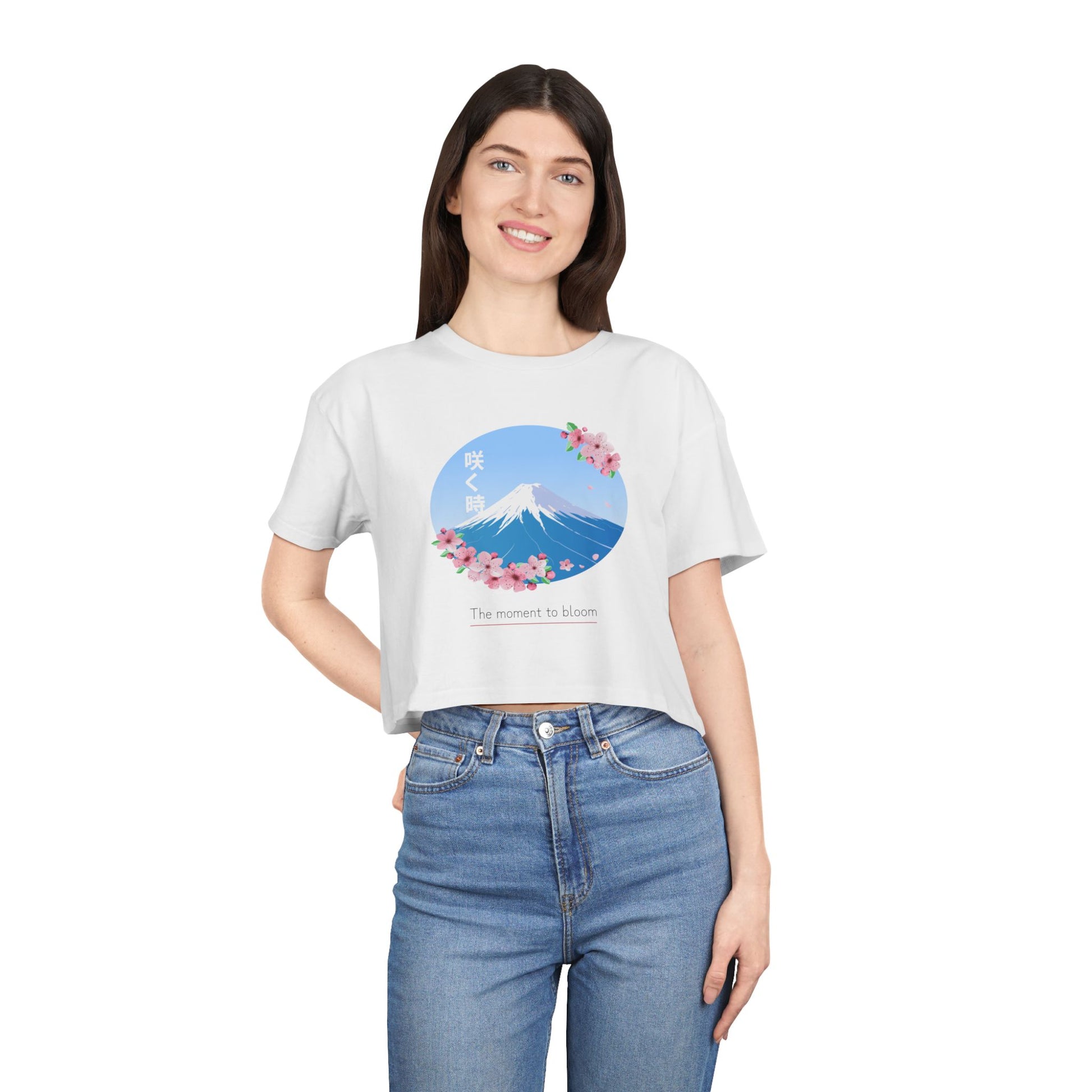 Hakanai - Women's Crop Tee - Cherry Blossom & Mount Fuji Design