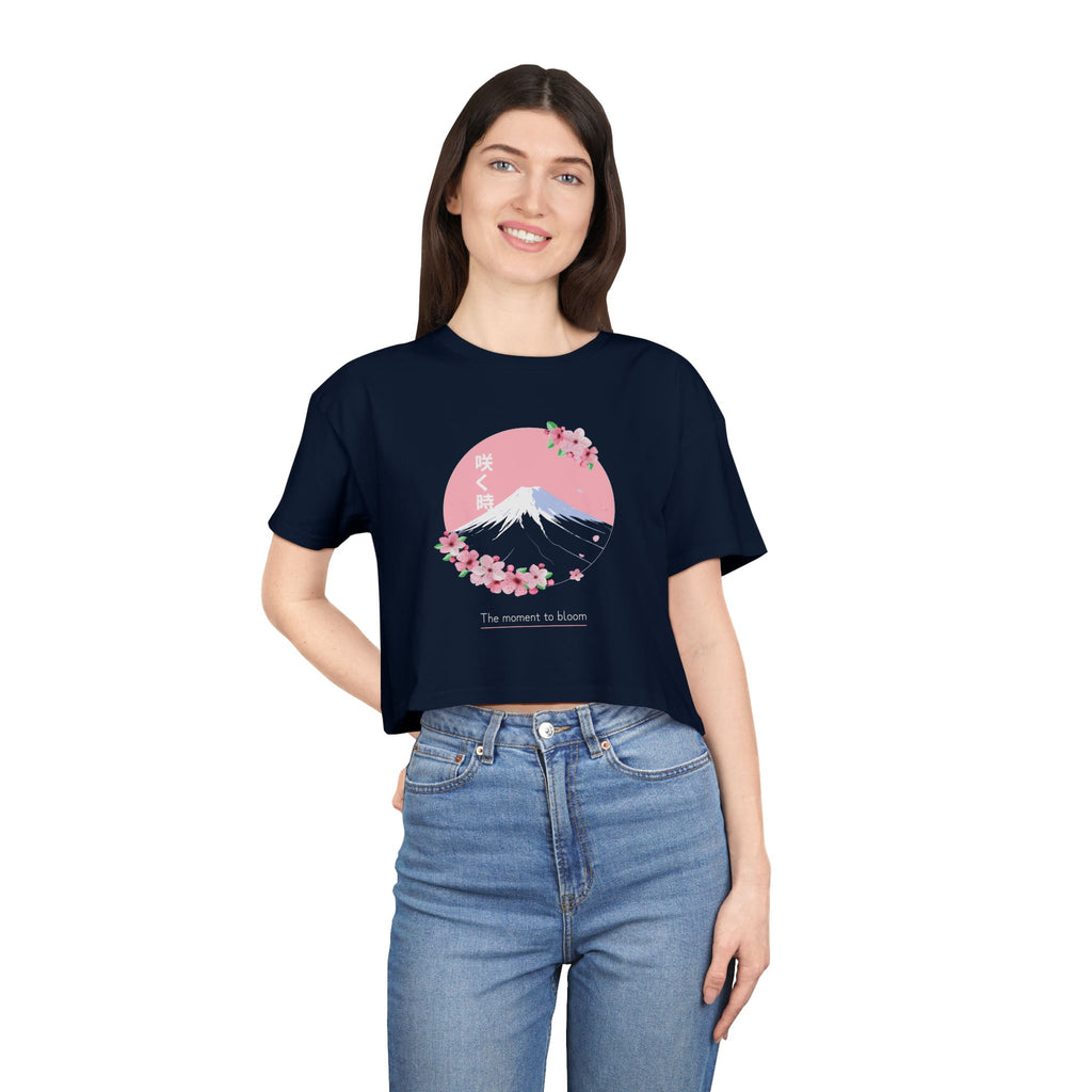 Hakanai - Women's Crop Tee - Cherry Blossom & Mount Fuji Design