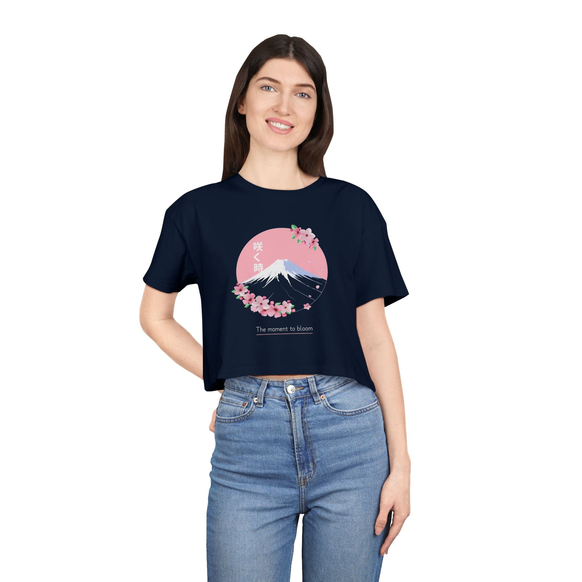 Hakanai - Women's Crop Tee - Cherry Blossom & Mount Fuji Design