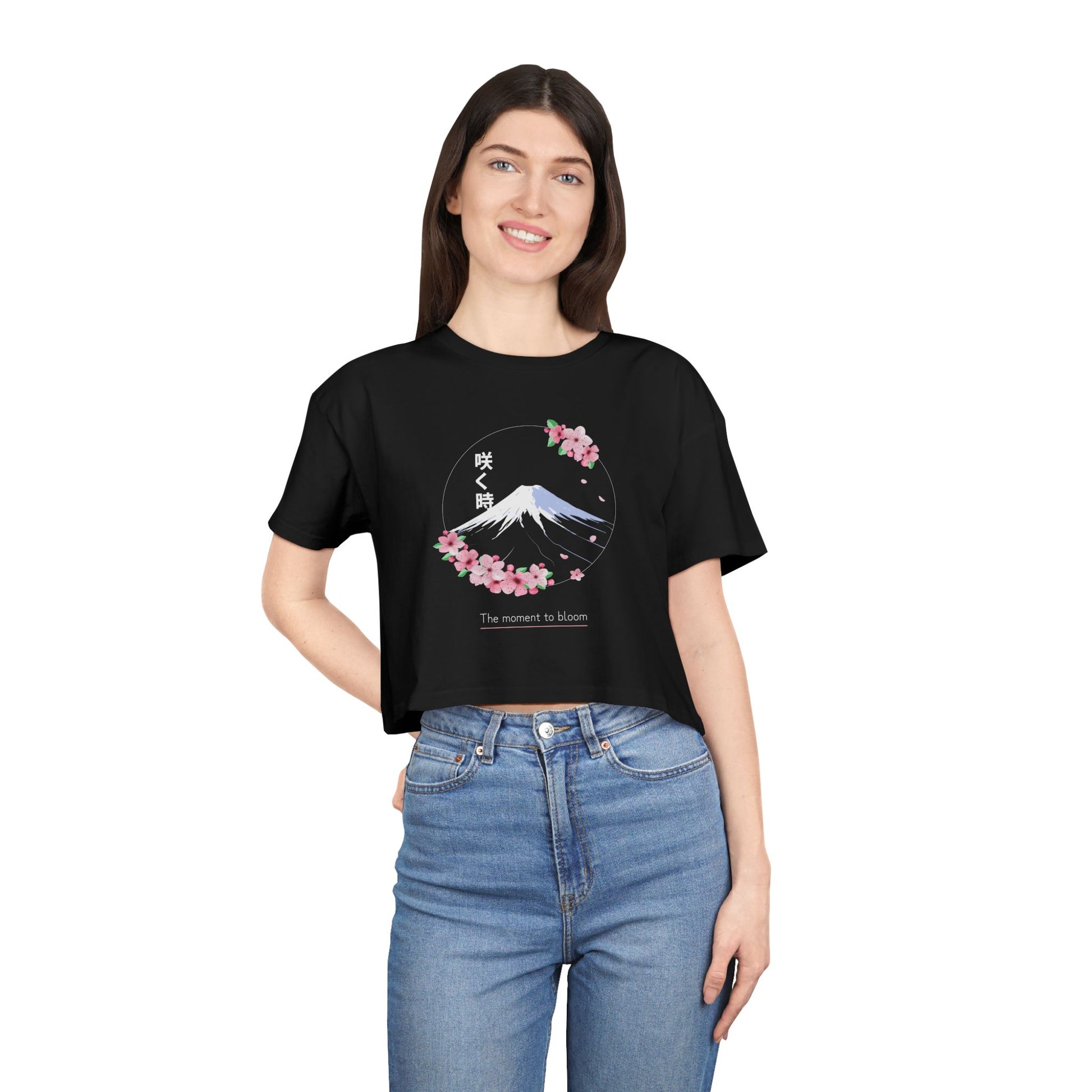 Hakanai - Women's Crop Tee - Cherry Blossom & Mount Fuji Design